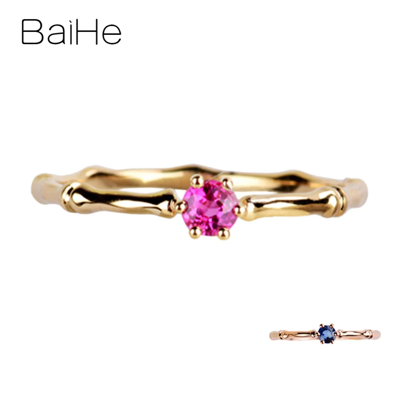 

BAIHE Solid 14K Yellow Gold 3.5mm Round Natural Pink sapphire Wedding Women Trendy Fine Jewelry Gift Pink sapphire Ring