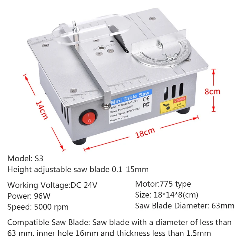 Mini Table Saw 96W 5000RPM Woodworking DIY Cutting Machine Electric Desktop Saws Bench Saw Household Cutting Machine 775 Motor