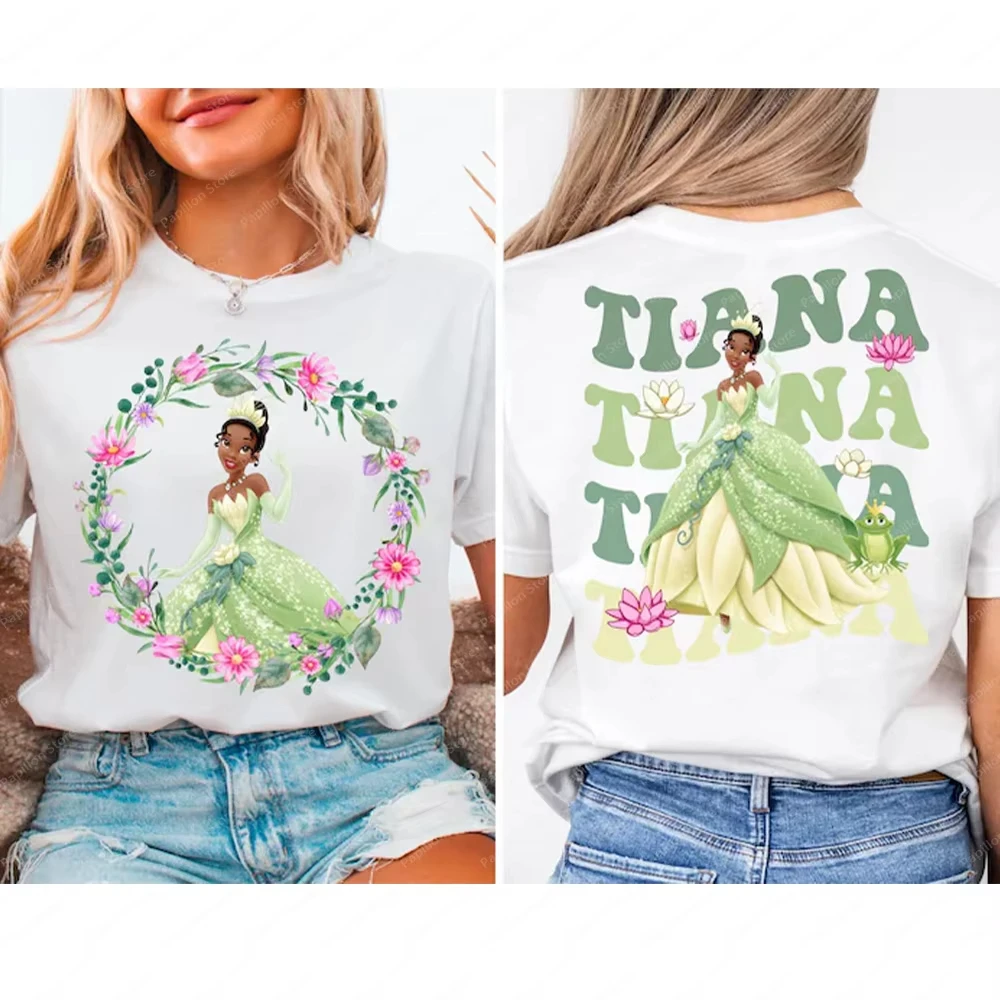 2025 جديد ديزني لاند رحلة الأميرة الأعلى تيانا الضفدع ديزني النساء الفتيات رحلة عادية تي شيرت المحملة القطن هدية عطلة الملابس #2