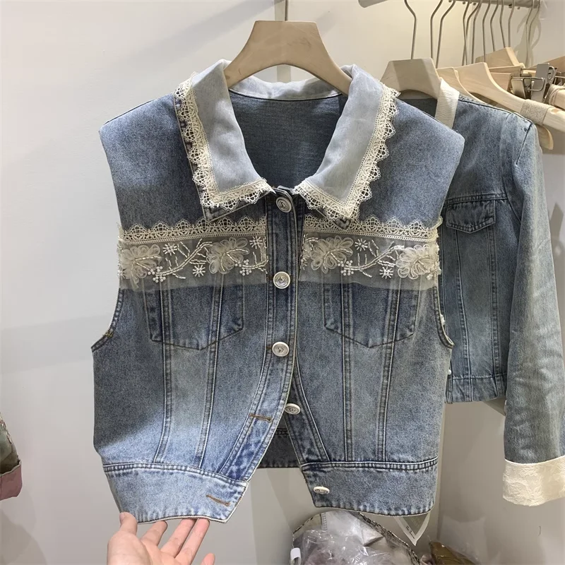 Vintage Lace Hot Rhinestone Denim Vest Coat Women's Spring Autumn New Washed Dressed Short Sleeveless Spice Girl Street Top