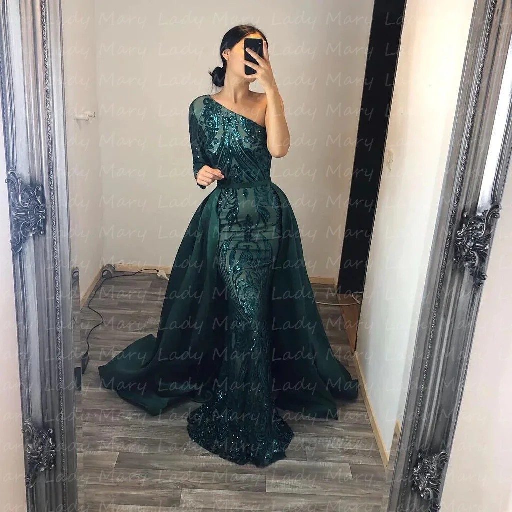 Customized Sequins Evening Dresses Single Long Sleeves Mermaid Over skirt Women Formal Prom Gowns Vestido De Noche Aso Ebi