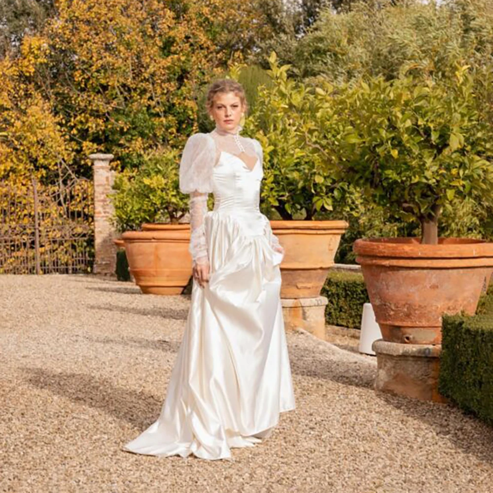 Long Bishop Sleeves Sweetheart Basque Waist Wedding Dress Customized Plus Size Satin Separate Lace Bolero Ivory Bridal Gowns