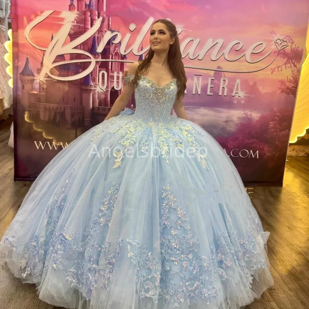 

Angelsbridep Light Blue Ball Gown Quinceanera Dresses With Lace Appliques Beading Evening Party Dress Woman Vestidos De Festa