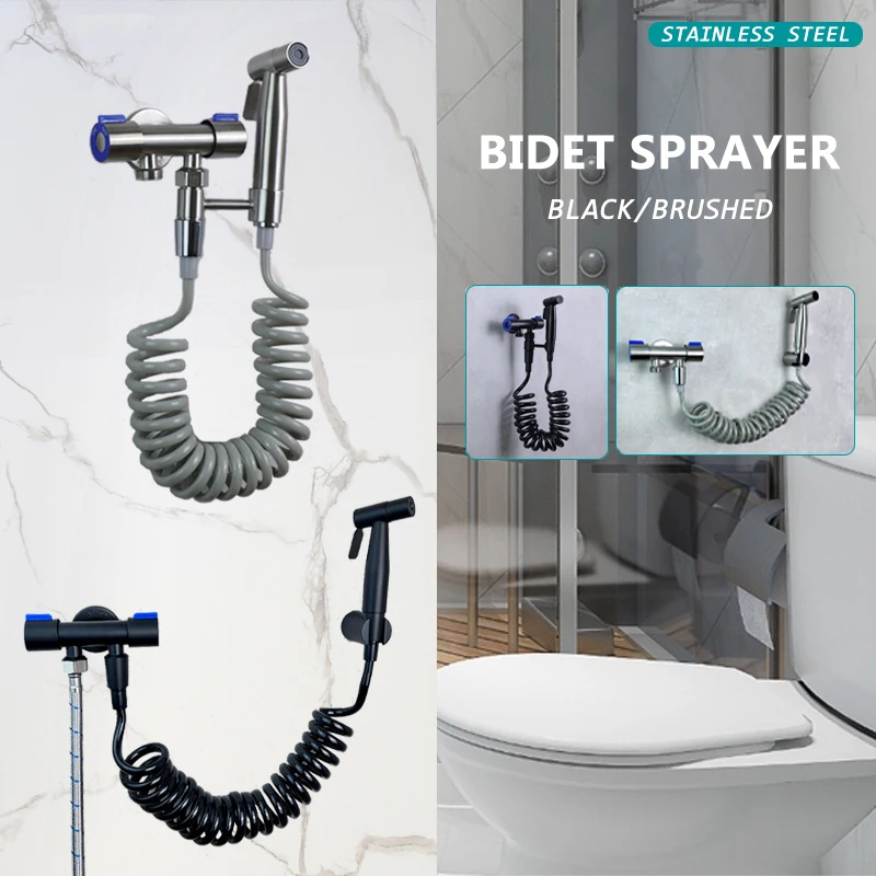 Stainless Steel Bidet Sprayer Set 2 Way Valve with Sprayer 3M Spring Hose Brass Adjustable Bracket