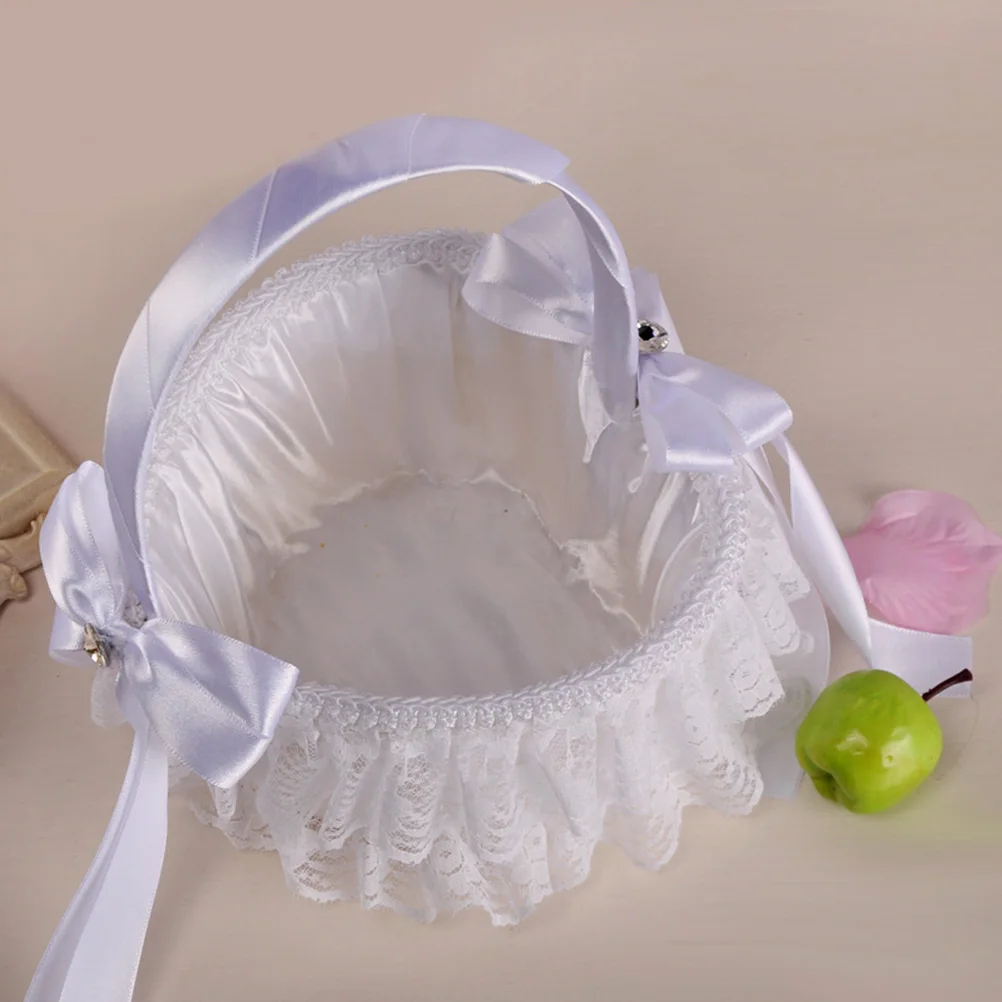 

Wedding Flower Girl Basket Lace Ribbon Bowknot White Hl-5610-Bs Bridal Ceremony Rose Petals Holder Matrimony Processions