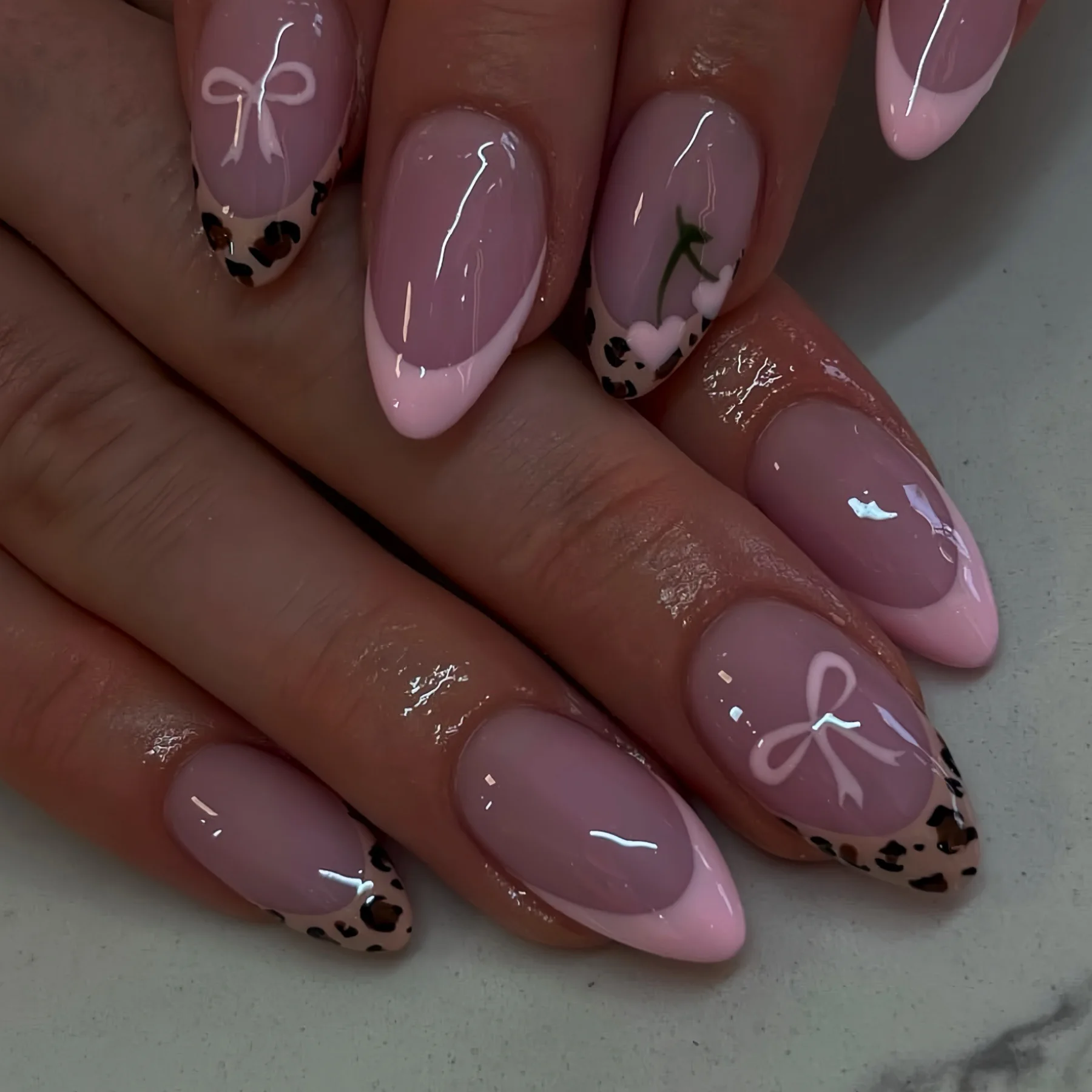 24Pcs Almond Round French Fake Nails Mid-length Full Cover Pink Cherry Leopard Print Pattern False Nail Detachable Nail Press On