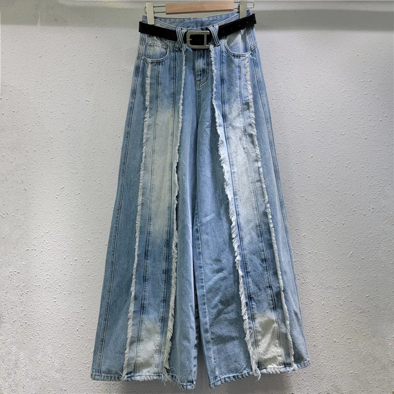 

Washed Fringed Wide Leg Jeans for Women High Waisted Loose Patchwork Trousers American Casual Fashion Autumn New Denim Pants