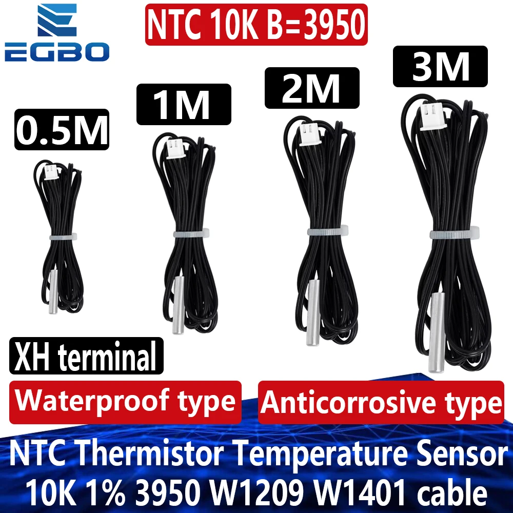 1 ~ 10 Uds 50CM 100CM 200CM 300CM 0,5 M 1M 2M 3M Sensor de temperatura termistor NTC cable de sonda impermeable 10K 1% 3950 W1209 W1401