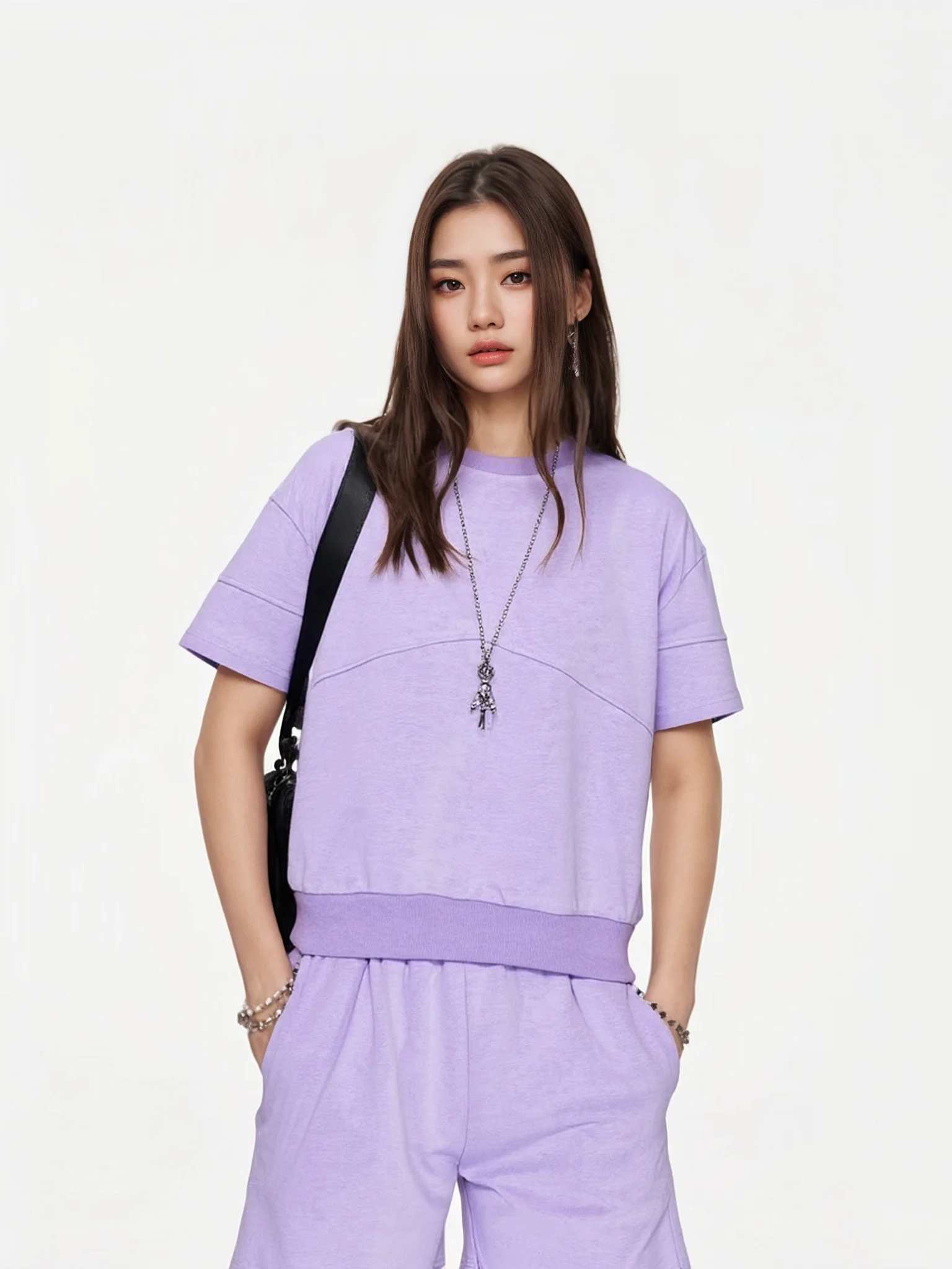 

Легкий летний спортивный комплект из двух предметов: футболка с круглым вырезом и шорты, фиолетовый, женский, повседневный, хлопковый