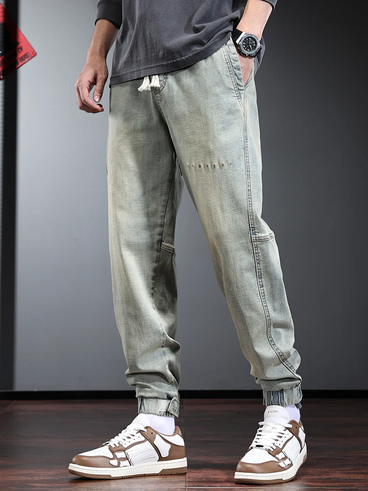 Autumn Baggy Jeans Men Fashion Streetwear Yellow Blue Elastic Waist Drawstring Denim Pants