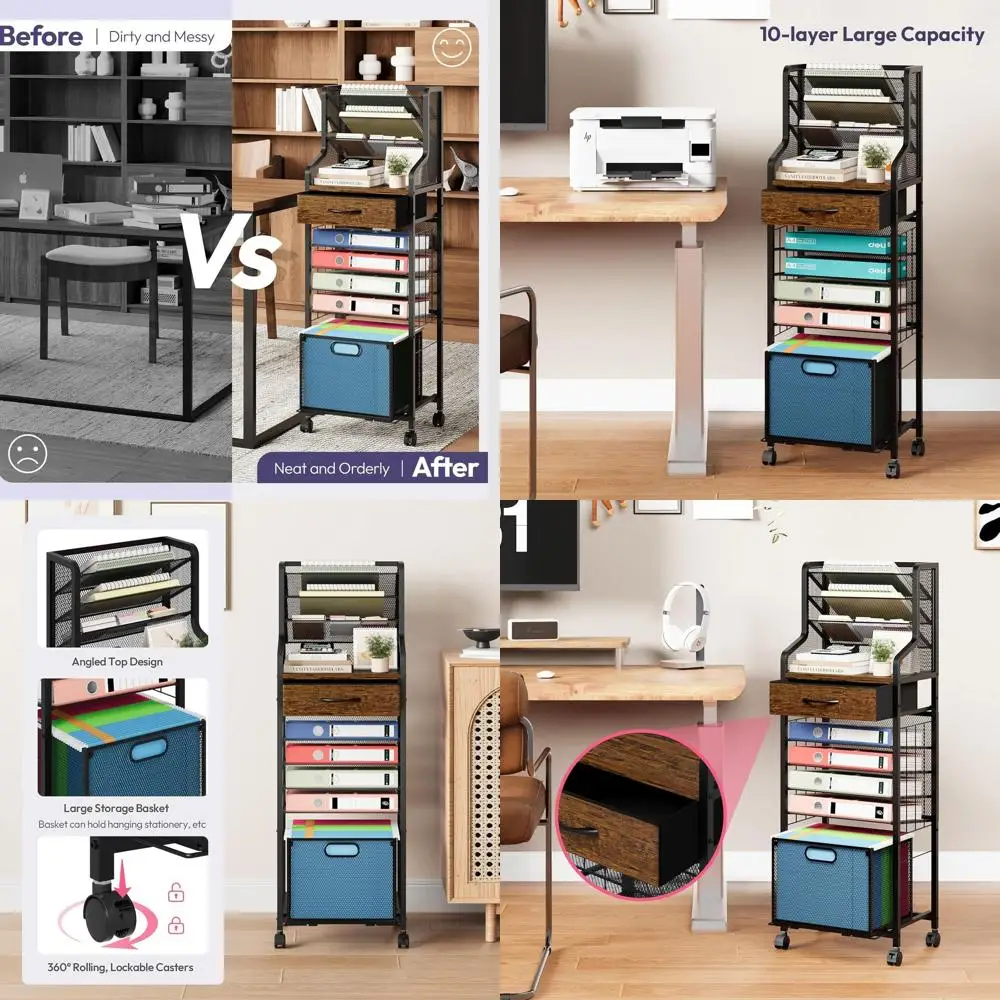 

10-уровневая сетчатая тележка для файлов с выдвижным ящиком и запираемыми колесами, эспрессо — офисный органайзер для хранения для дома, студии, школы