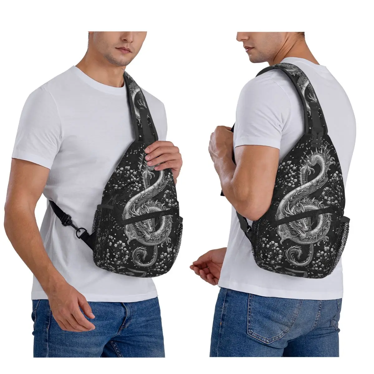Music Dragon Gothic Pattern  Chest Bag Men Sling Crossbody Backpack Chest Bag Traveling Hiking Daypack Shoulder Bag