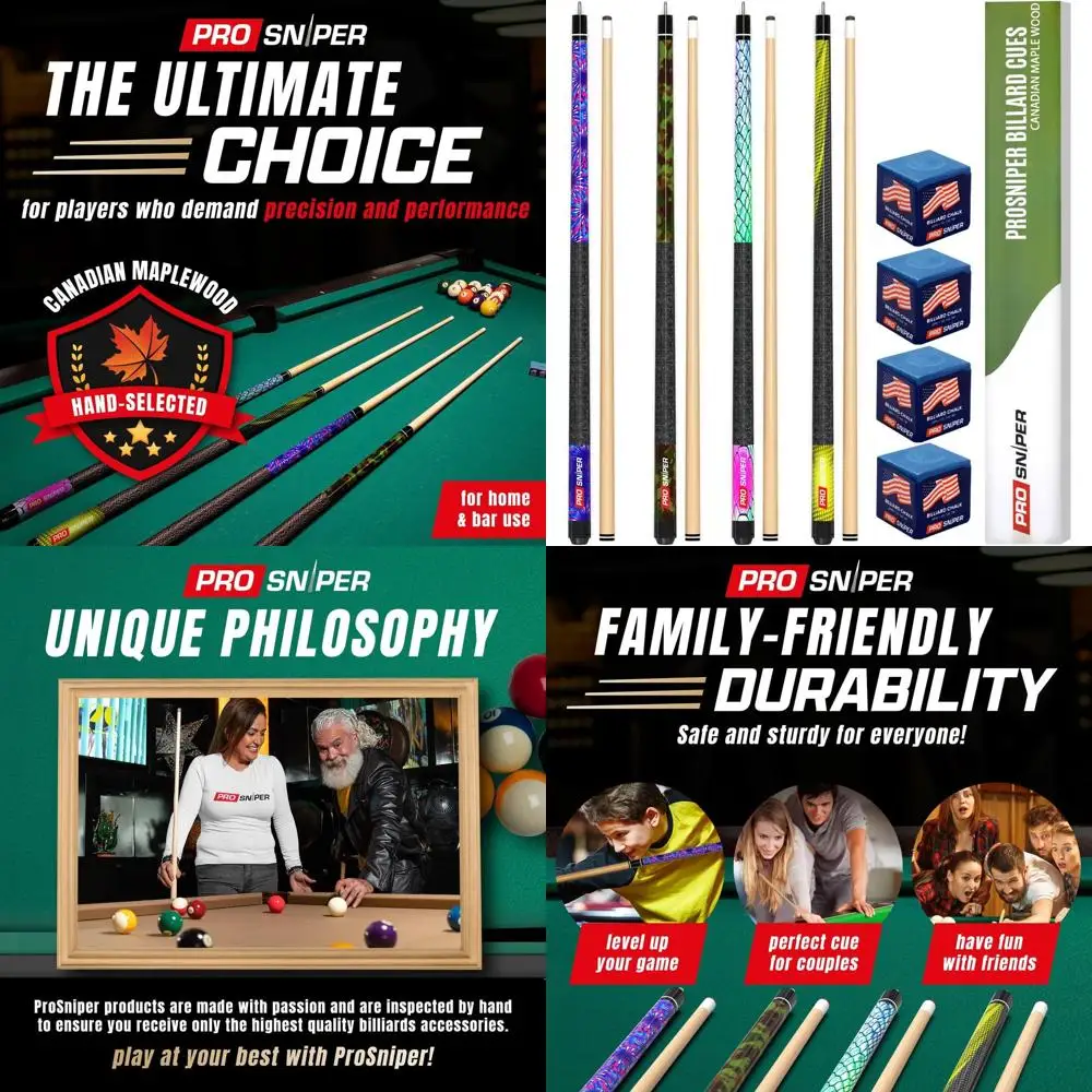 

Set of 4 Premium 58-Inch Maple Pool Cues with Low-Deflection Shafts and 4 Extra Chalks for Home and Bar Play