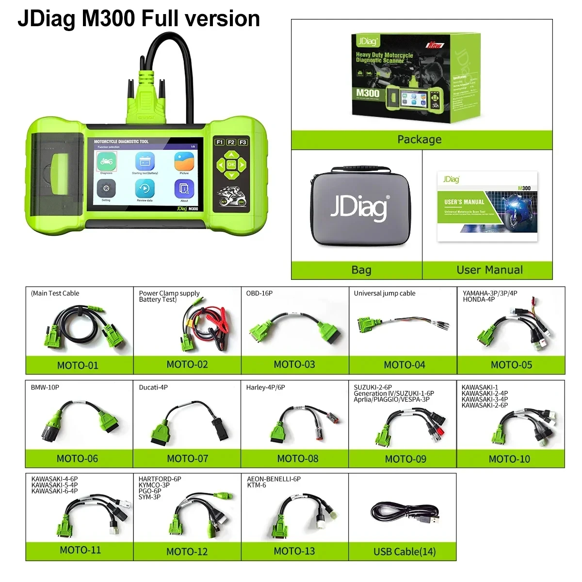 JDiag M300 Full OBD2 Scanner Diagnostic Tools Clear Fault Code Print Heavy Duty Motorcycle for Honda Yamaha with Adapter Cable