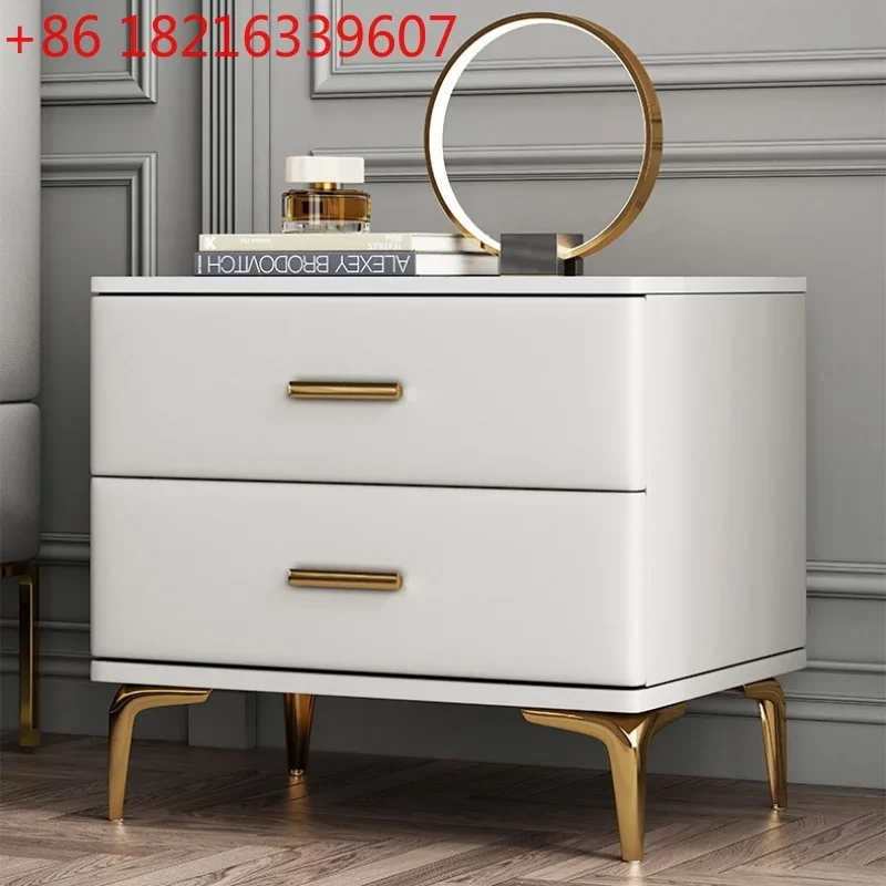 TAO Modern Style Solid Wood Bedside Table with 2 Drawers Leather Bedroom Nightstands with Sintered Stone Top Mini Storage Cabine