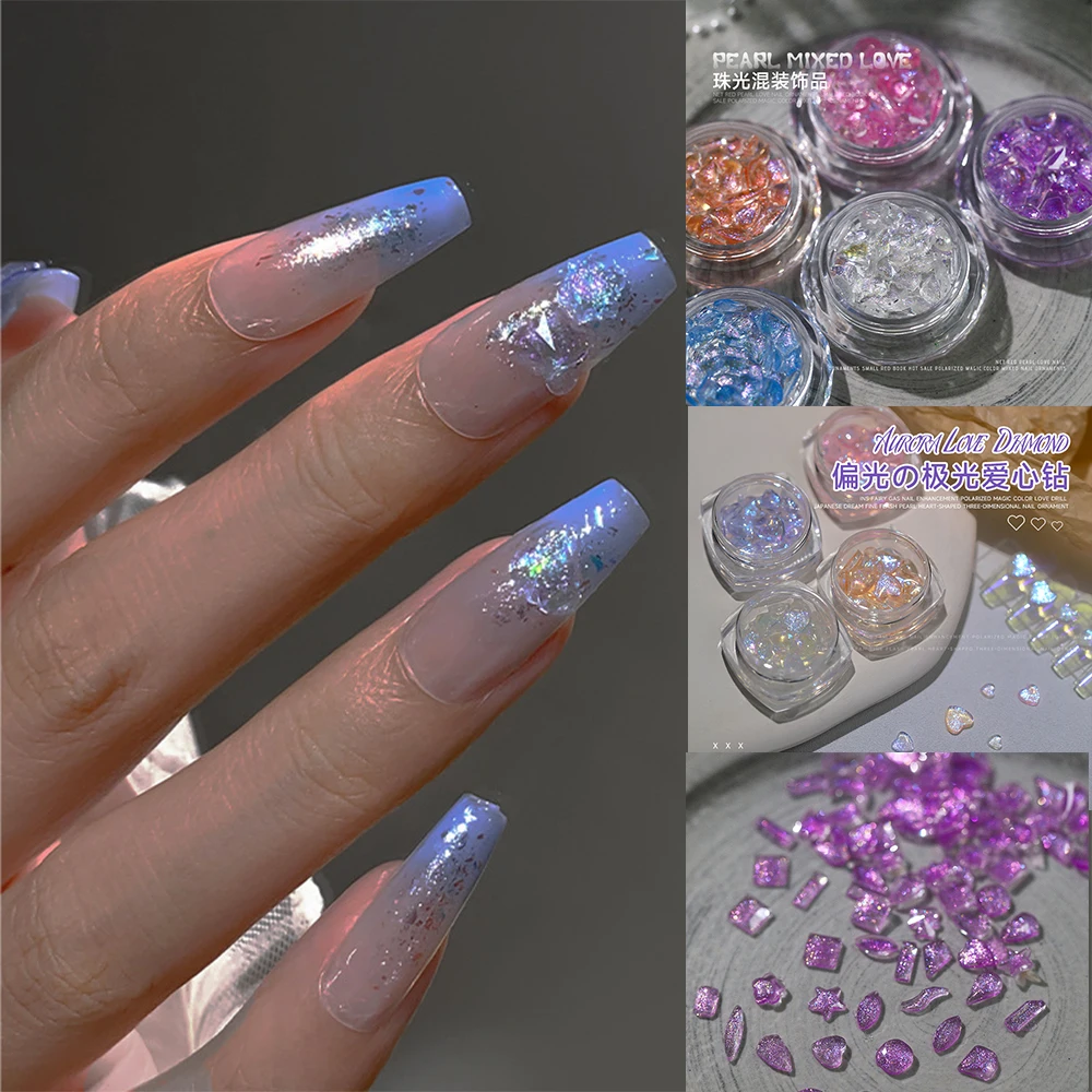 

30/40pcs Aurora Love Heart/Irregular Shape Nail Charms Diamond Flat Bottom Resin Mix Size Heart Shining Rhinestones Nail Jewelry