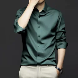 Long sleeved quality shirt for men's spring and autumn business ironless anti wrinkle large green solid color shirt