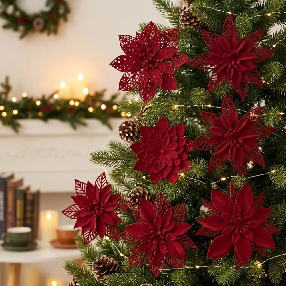 Vintage Artificial Christmas Poinsettia Multi Layer With Clip Flocked Flower Ornament Realistic Handmade Christmas Party Floral