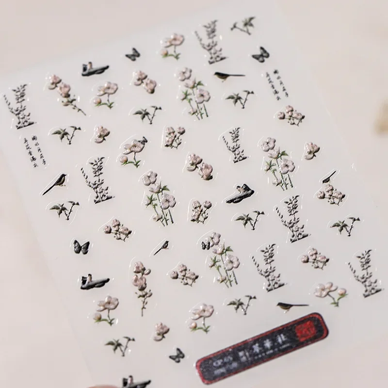 Vintage Chinese Style Water Ink Flowers Magpie Bird Butterfly Chic 5D Self Adhesive Nail Art Sticker High Quality Manicure Decal