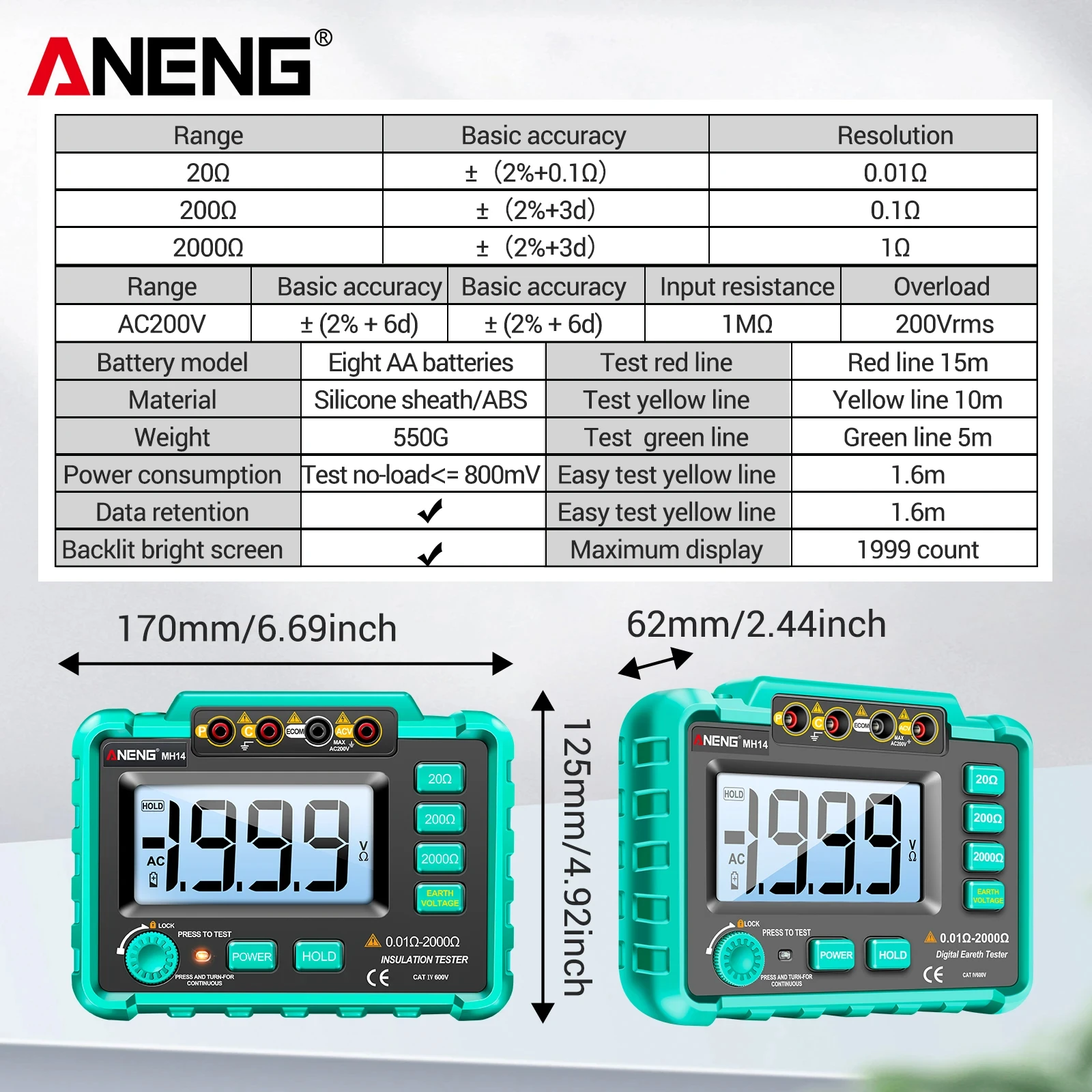 ANENG MH14 Digital Professional Multimeter Ground Resistance Tester AC200V Voltage Meter Megohmmeter Voltmeter Ohm Tester Tool