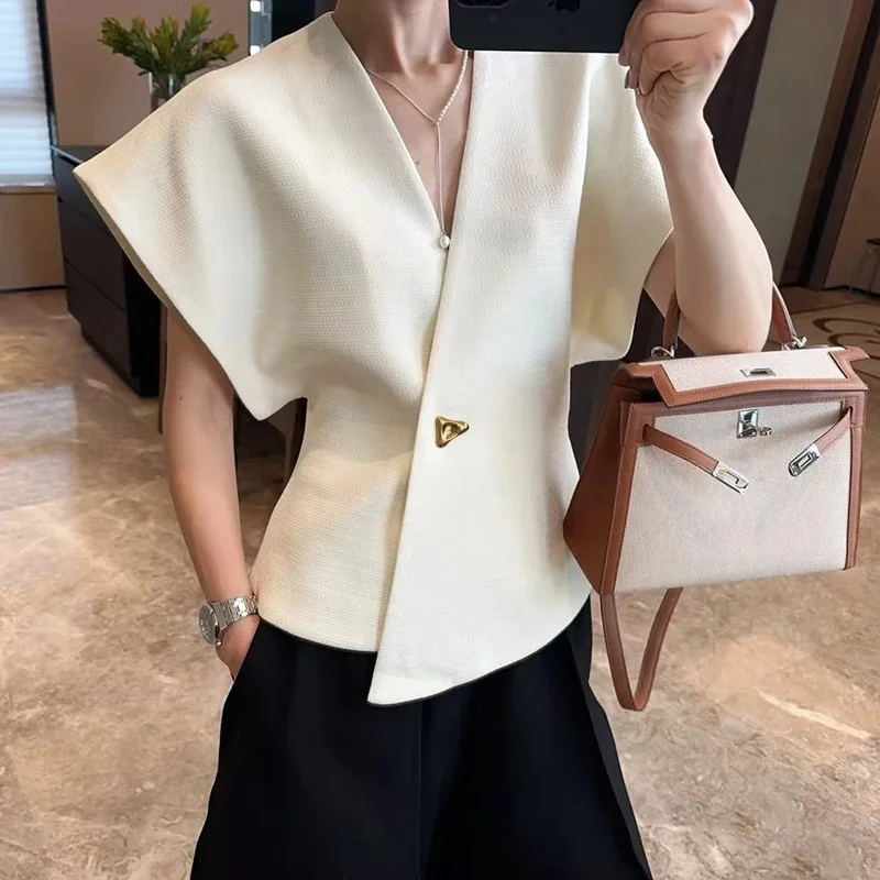 Elegant Women Shirt Solid Button Irregular V Neck Short Sleeve Slim Waistcoat Tops Temperament Female Chic Office Ladies Clothes