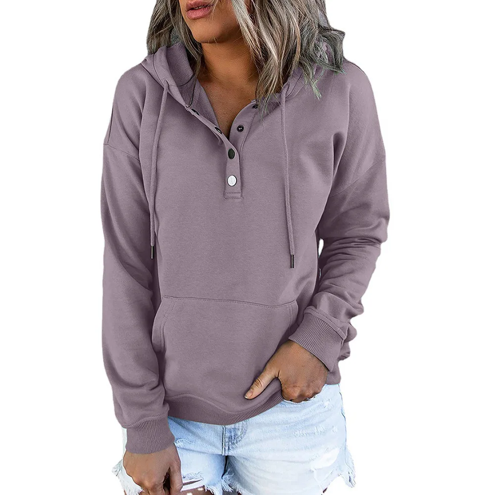 Women's Drawstring Hoodies with Pockets Sweatshirt Button Design Hooded Pullovers Autumn Female Casual Sports Sweatshirt