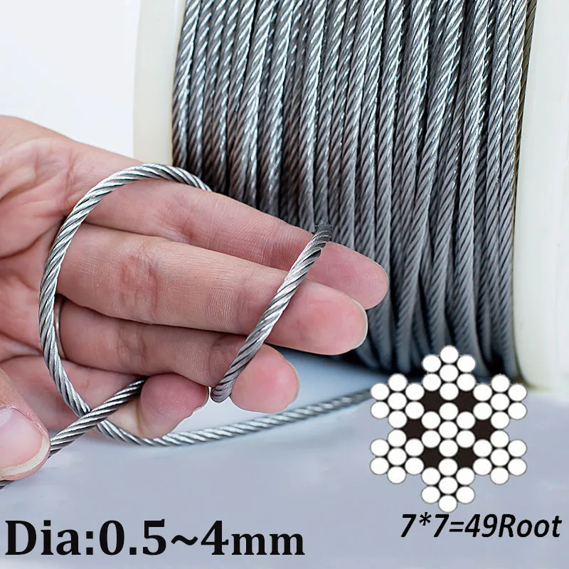 7*7 304 Stainless Steel Soft Thin Wire Rope Clothes Drying Ropes Clothes line Hanger Cable Lifting Rustproof Dia0.5-4mm 1/10M