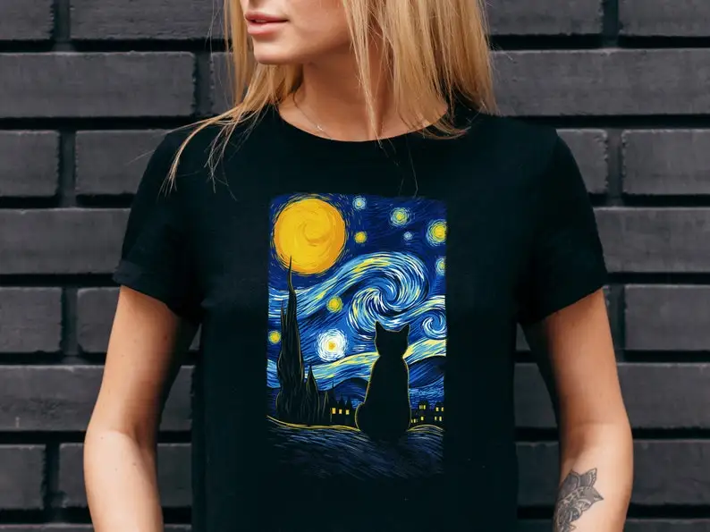 

Starry Night Feline Tee | Van Gogh Style Cat T-Shirt | Artistic Casual Wear