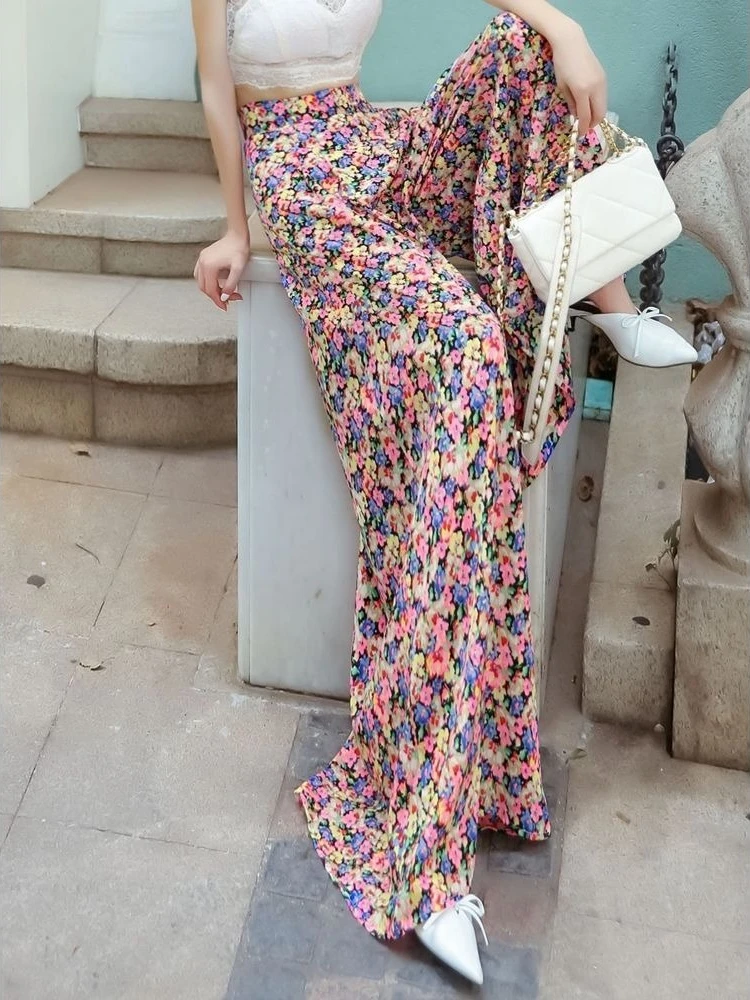 

Женские шифоновые брюки-палаццо с цветочным принтом, летние, с высокой талией, свободные, легкие, пляжные, длинные