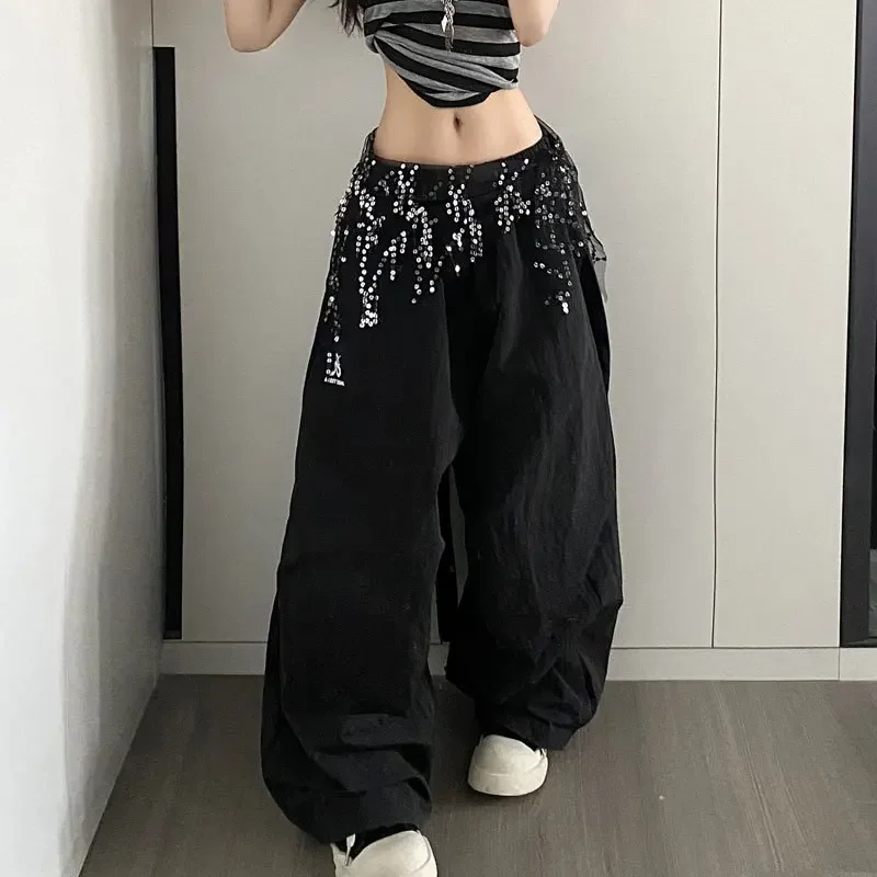 Korean Y2K Sequins Cargo Pants Women Harajuku Black Baggy Sweatpants Streetwear Wide Leg Joggers Summer Casual Trousers Pants