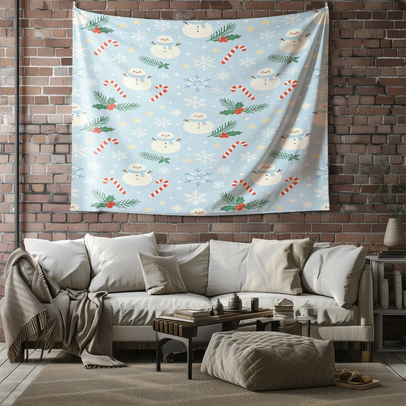 Christmas Microfiber Tapestry,Durable,Multi-sizes,Easy Hanging,Ultra-Soft,Light Blue Snowman Candy Cane Holly Print,Ideal Gift