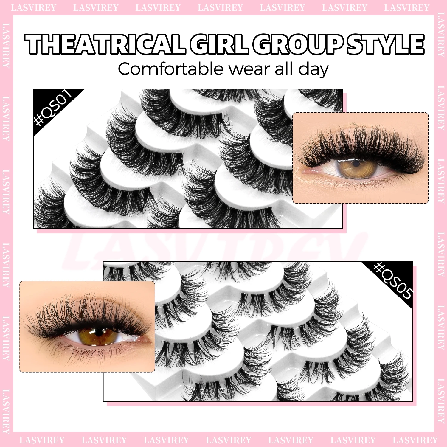 LASVIREY Pestañas postizas naturales y voluminosas, pestañas de tira gruesas y tupidas, efecto 5D, volumen dramático, imitación de visón, con banda transparente, estilo ojo de gato.