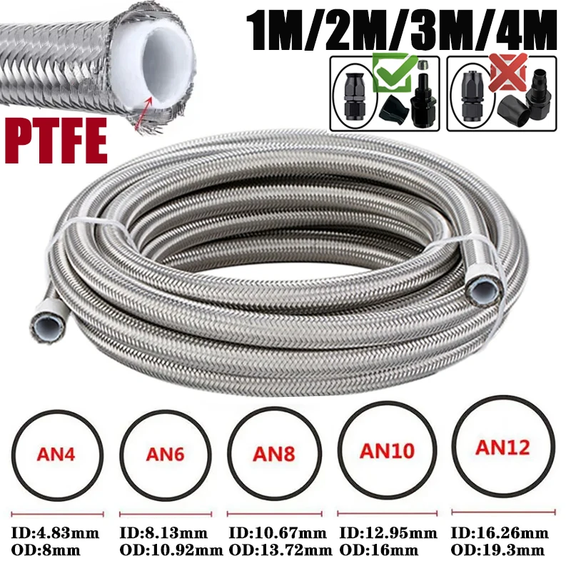 1M/2M/3M/4M 3AN 4AN 6AN 8AN 10AN E85 PTFE Fuel Hose Oil Gas Cooler Line Engine Turbo Pipe Brake Tube 304 Stainless Steel Braided