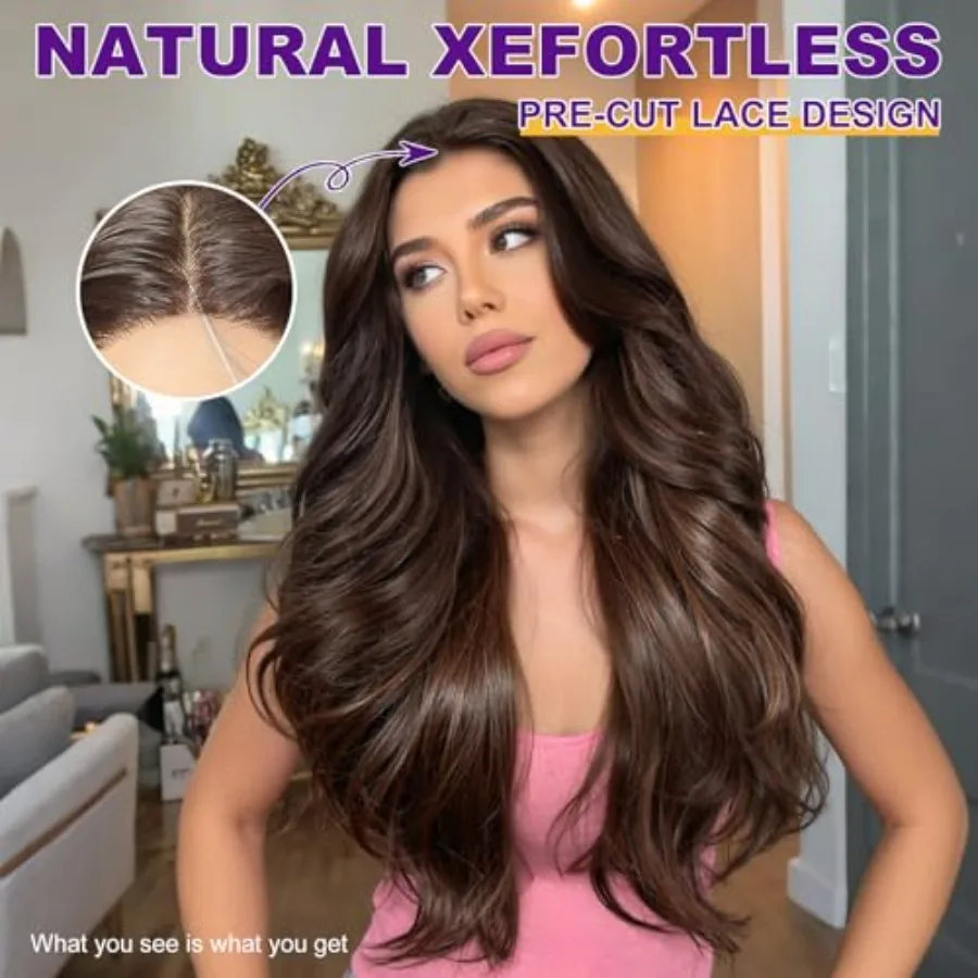 براون الاصطناعية الدانتيل شعر مستعار أمامي 13x4 HD الدانتيل الطبقات موجة غلويليس الباروكات للنساء الاستخدام اليومي 26IN مريحة وطبيعية المظهر