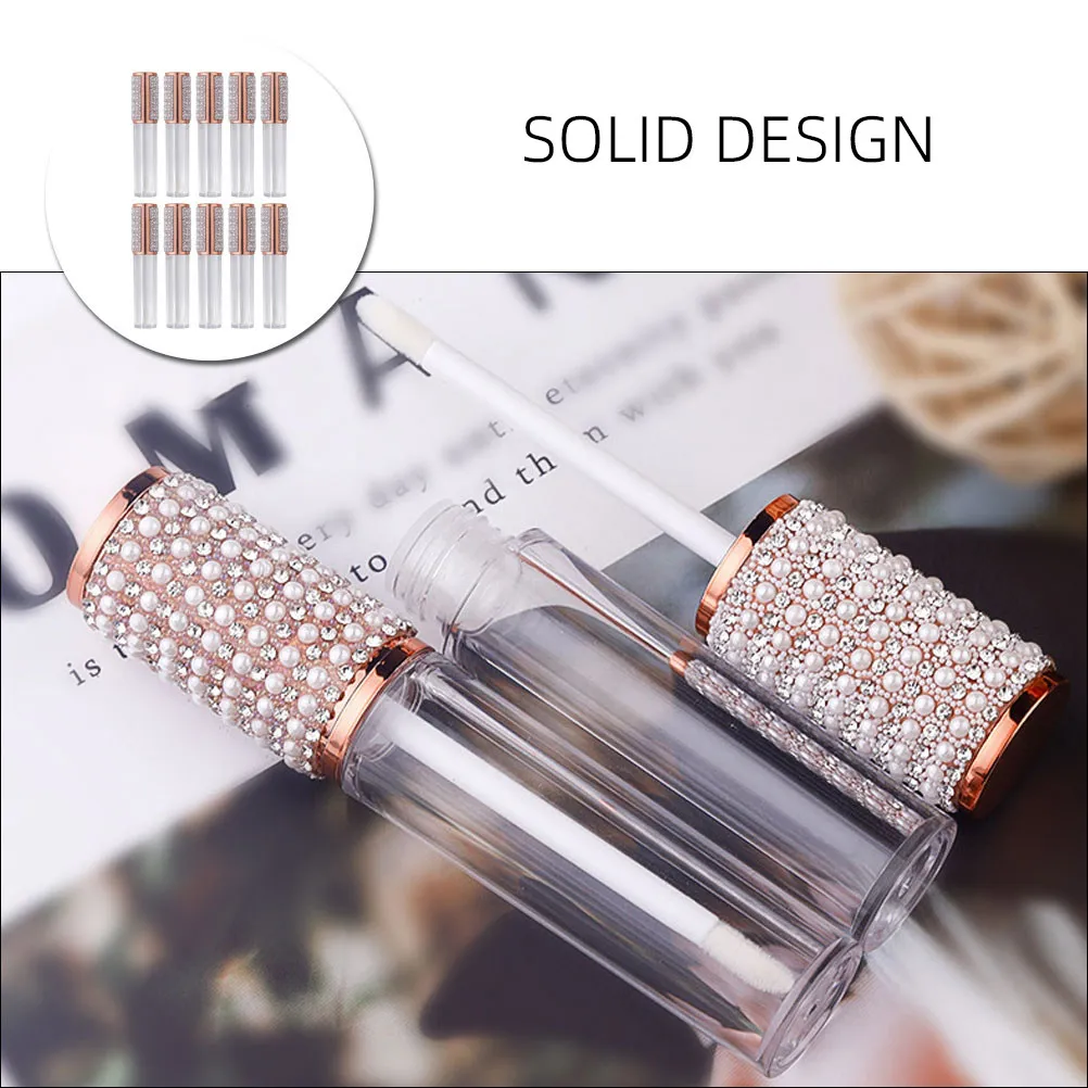 10Pcs Clear Glass Lip Gloss Tubes Pearl Diamond Design Refillable Empty Lip Balm Bottles for DIY Makeup Storage