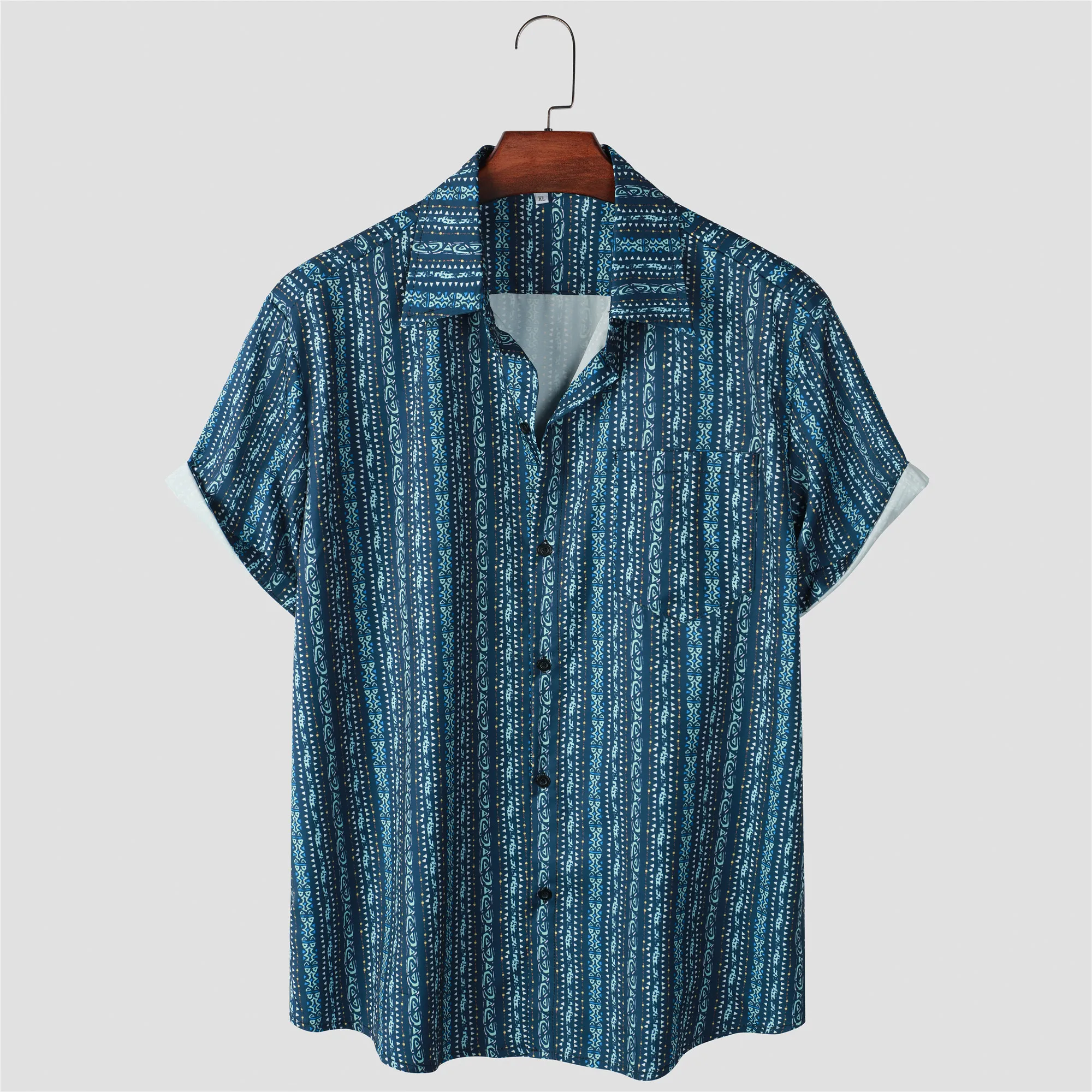 Unique Boho Stripe Pattern Casual Loose Fit Short Sleeve Shirt, Men's Hawaiian Shirt For Summer