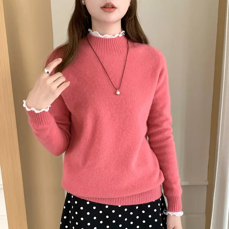 Women Seamless Mock Neck Saddle Shoulder Wool Knit Sweater Basic Top