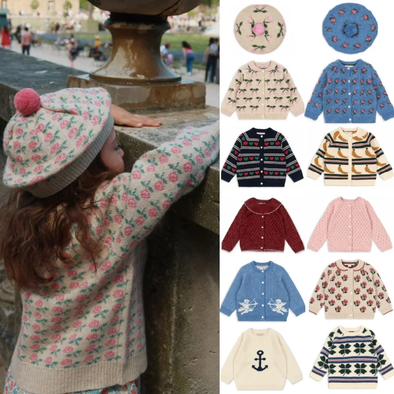

Girls' Sweater 2025 Fall/Winter New Arrival Pink Printed Fashionable Sweet Children's Knit Jacket Pure Cotton Cute Warm Knit Hat
