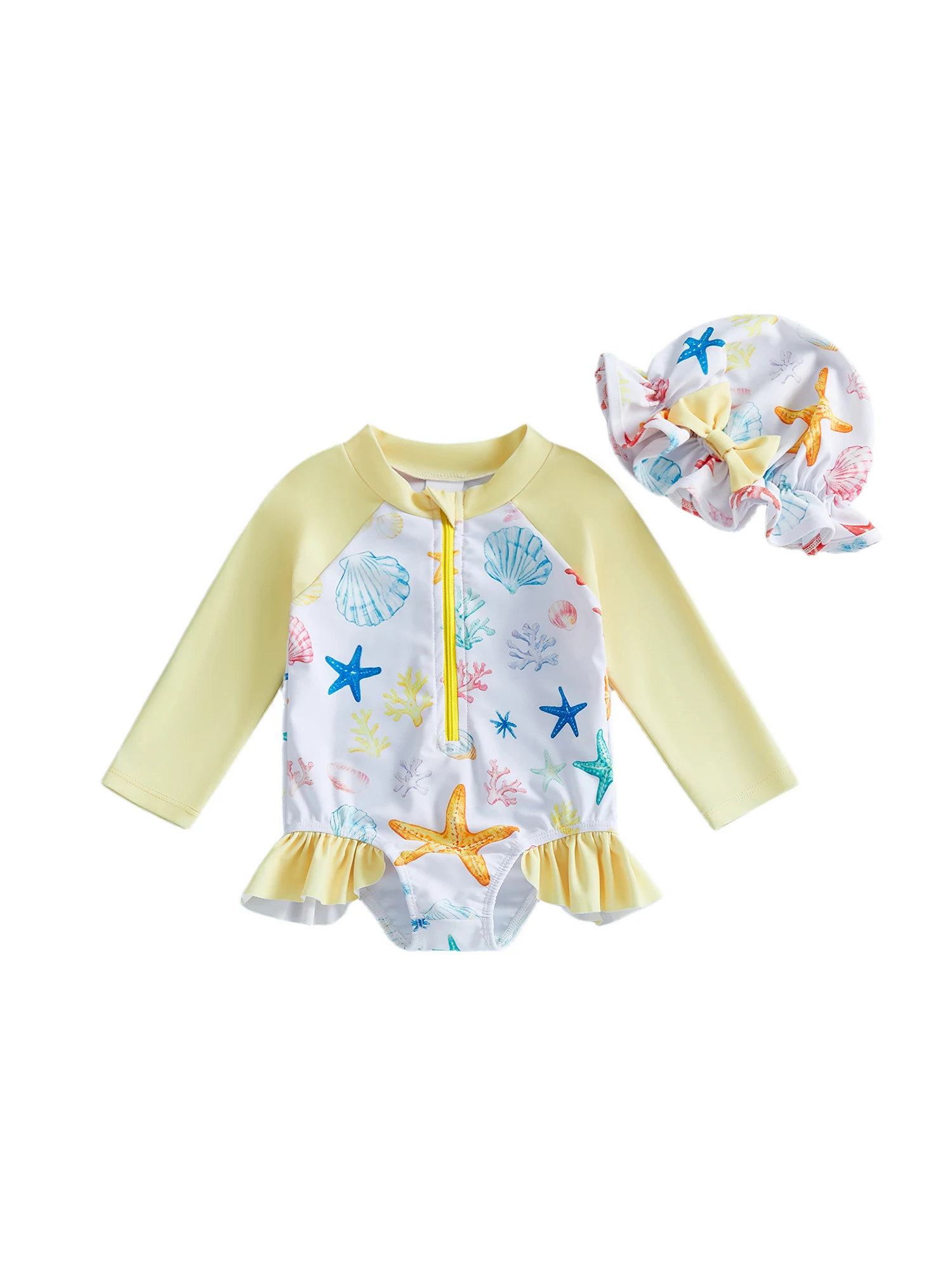 

Cute Baby Girl Beachwear Set with Seashell and Starfish Print Long Sleeve Rash Guard Swimsuit Sun Cap and Fruit Design - 2