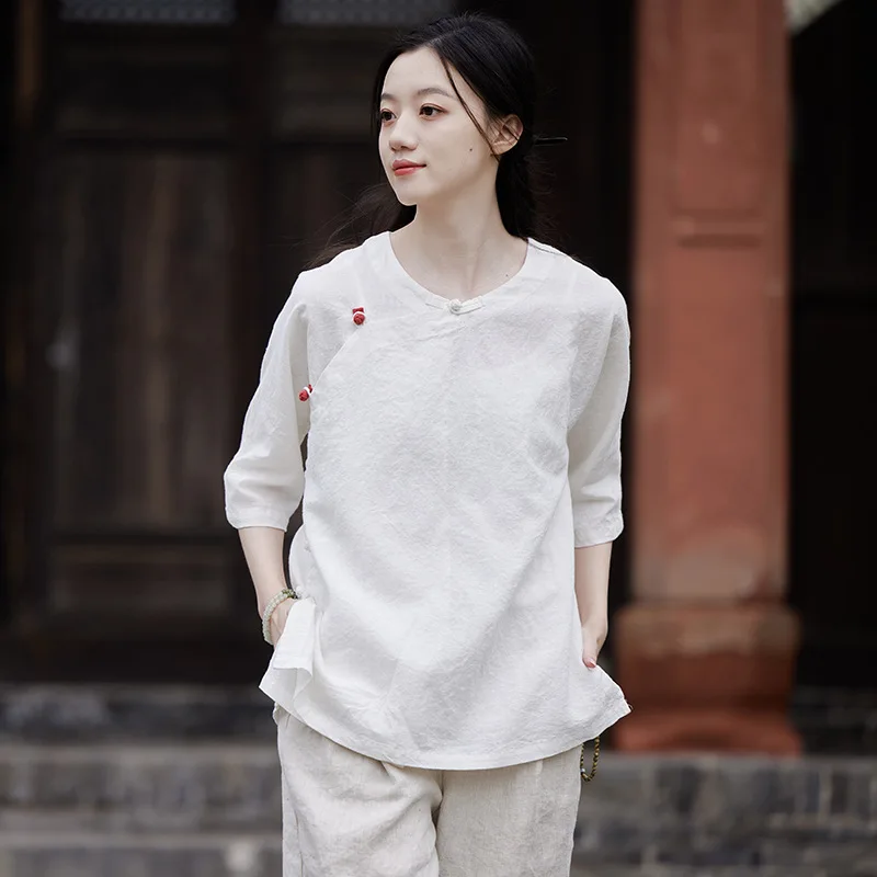 

Women Chinese Style White Cheongsam Tops Retro Zen Tea Qipao Shirts Kung Fu Casual Blouse White Hanfu Robes Oriental Clothing