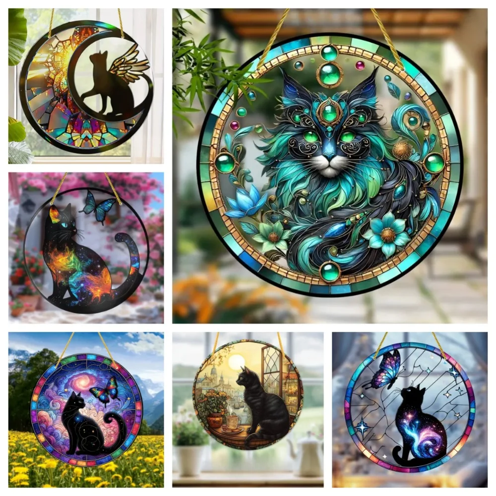 Mysterious Black Cat with Moon and Butterfly Sun Catcher, Circular Acrylic Art Logo, Suitable for Home, Porch, Garden Decoration
