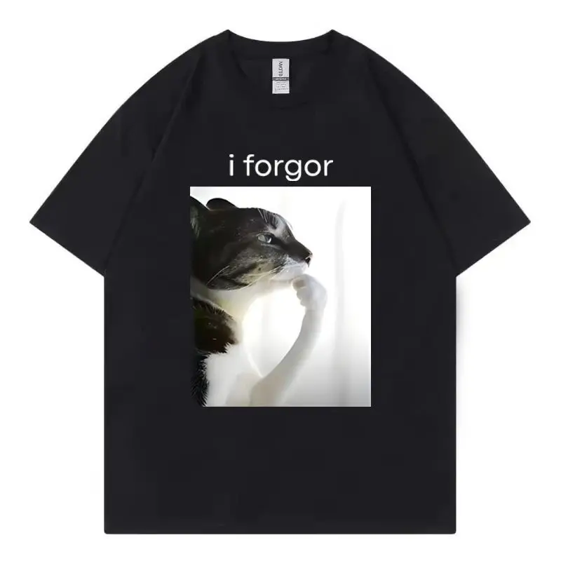 I Forgor Forgetful Cat Meme T-shirt, Cute Cartoon Graphic Crew Neck Tee, Niche Casual Short Sleeve Unisex Top