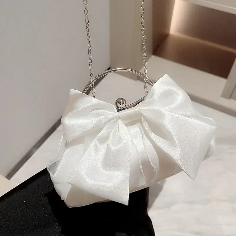 

White Satin Bow Fairy Evening Bags Clutch Metal Handle Handbags for Women Wedding Party Bridal Clutches Purse Chain Shoulder Bag