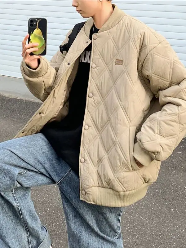 

Thiened Cotton Jaet Retro American Sle Diamond Patterned ex Baseball Collar Winter Coat Faionable Urban Youth Wear