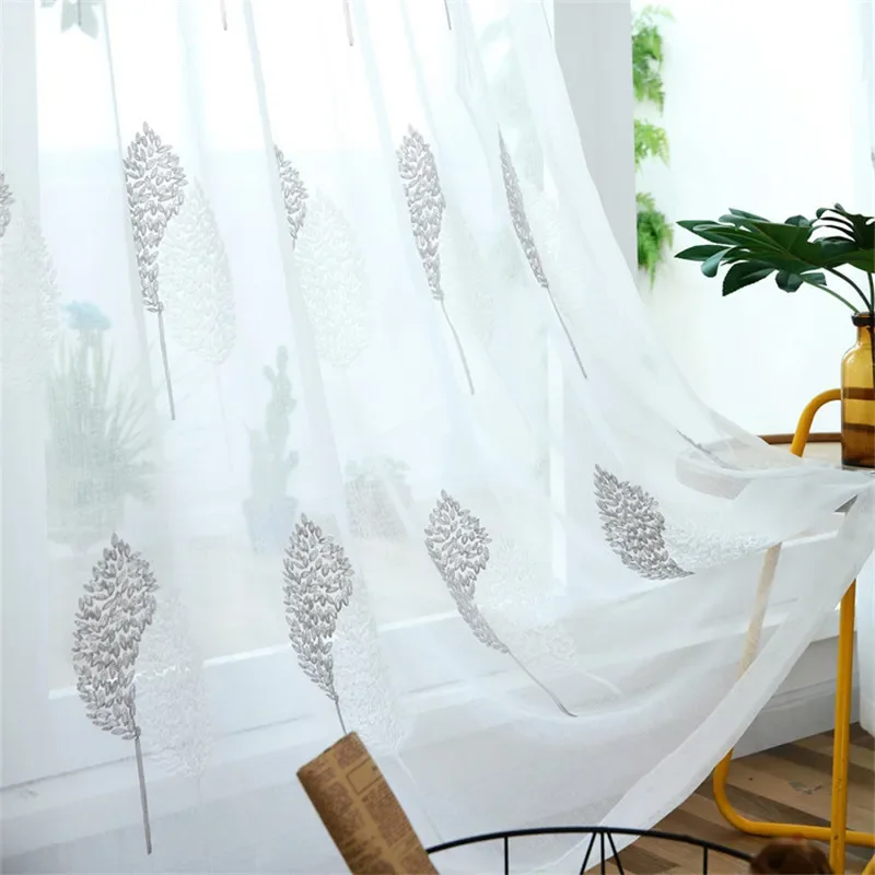 White Embroidered Tulle Curtains for Living Room  Bedroom Window Sheer Grey Leaves Curtain Drapes