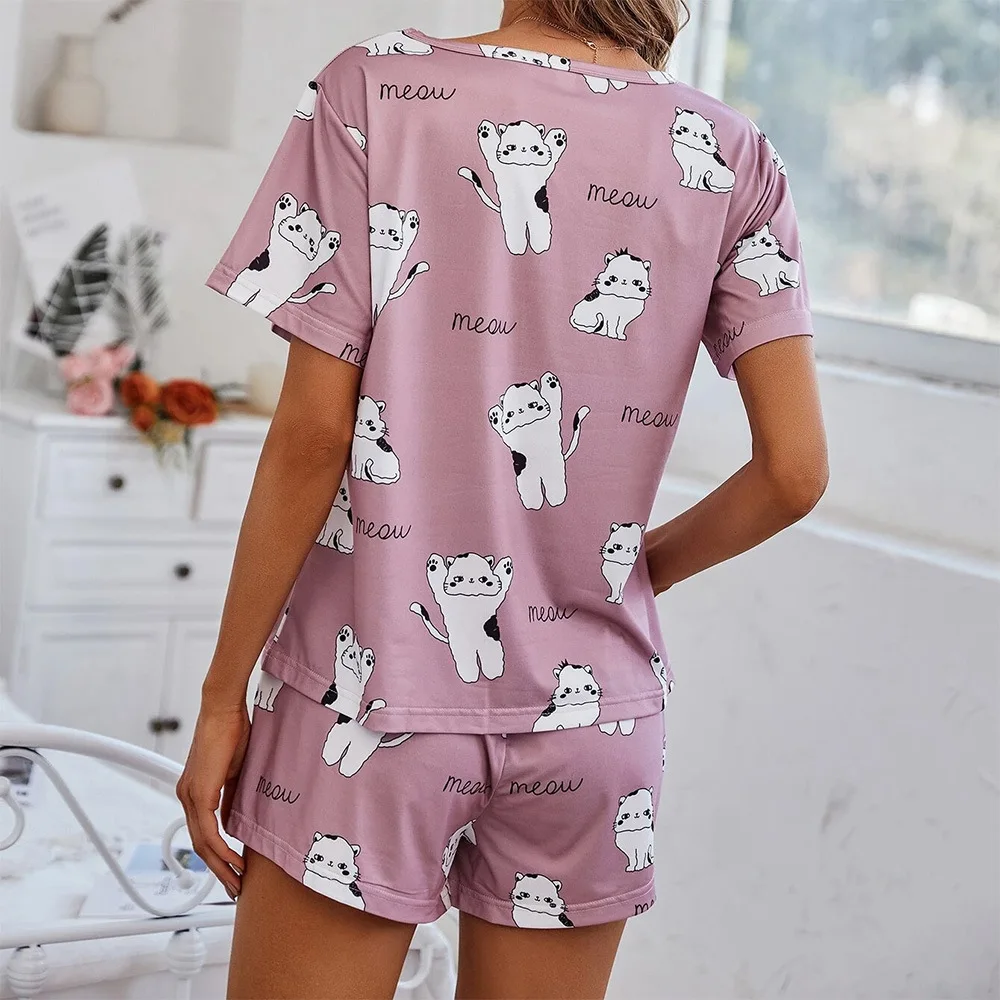 Damen-Pyjama-Set mit Cartoon-Druck, kurzärmelig, T-Shirt, Shorts, Nachtwäsche, 2-teiliges Set für Damen, lässig, Rundhalsausschnitt, belüfteter Anzug