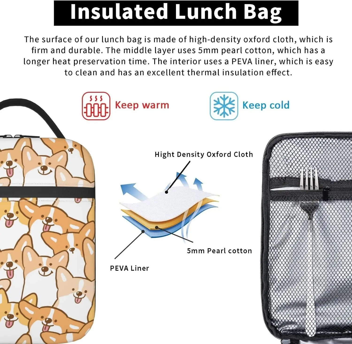 Lovely Corgi Insulated Lunch Box Waterproof Tote Bag Reusable Lunch Cooler Bag with Side Pockets for Work Picnic Travel