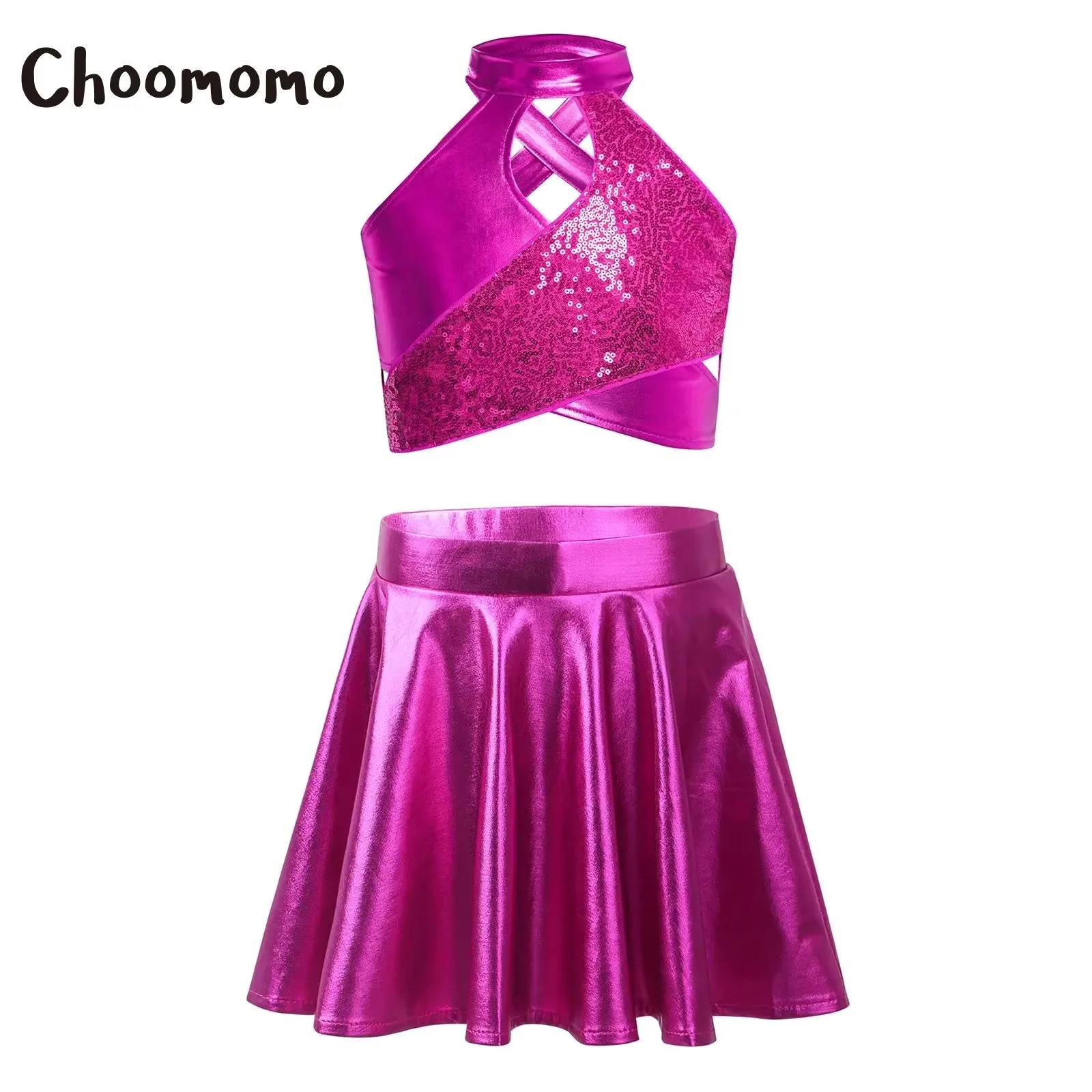 Roupa de dança jazz com lantejoulas para meninas, top curto metálico brilhante com saia evasê, conjunto de trajes de performance de líder de torcida de basquete escolar