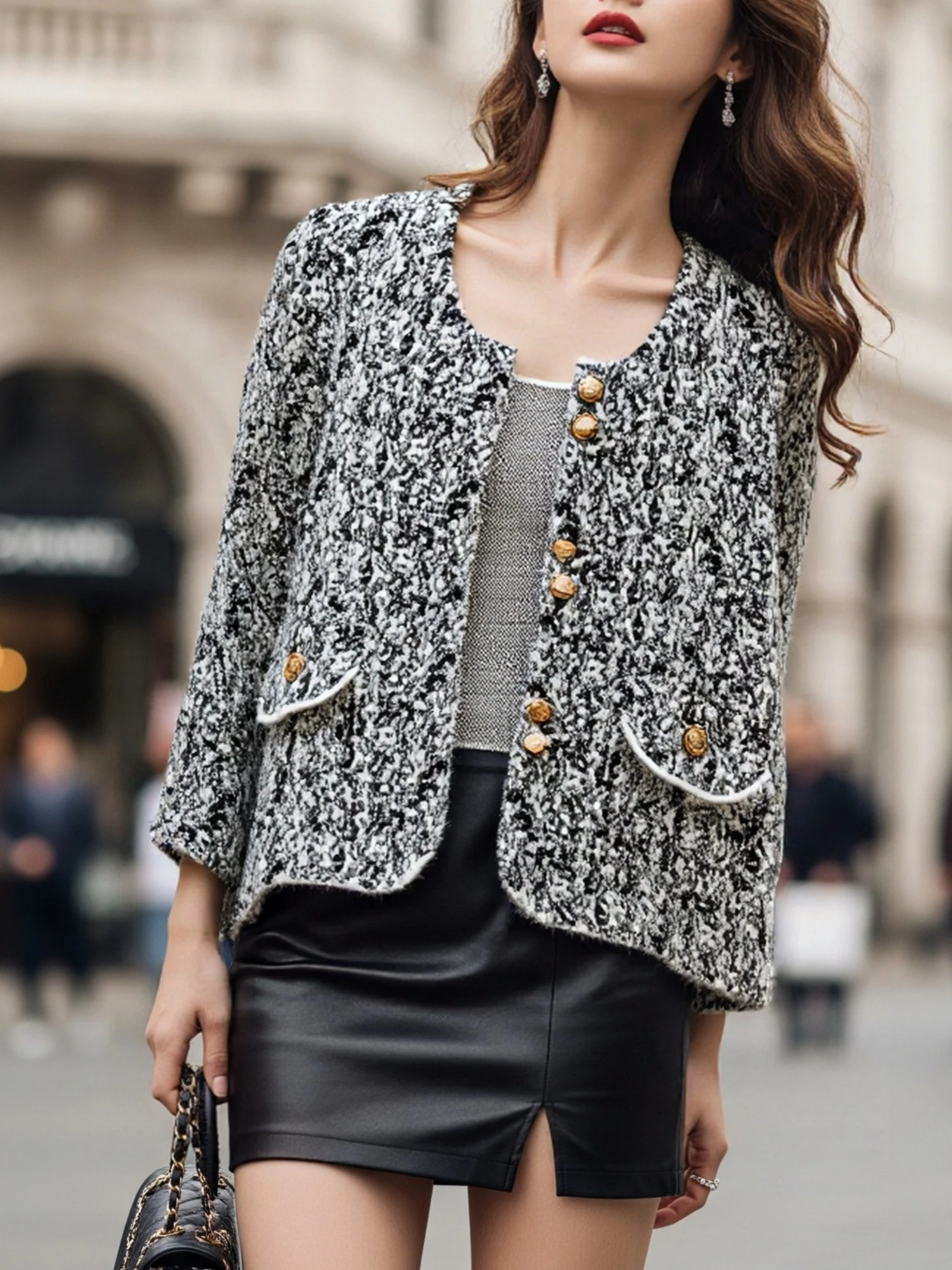 여성용 샤넬 스타일 플로럴 얀 골드 스레드 골드 버클 니트 가디건, 라운드 넥 더블 포켓 숏 스웨터 재킷, 봄 가을 데일리 출퇴근/성숙한 스타일 의상