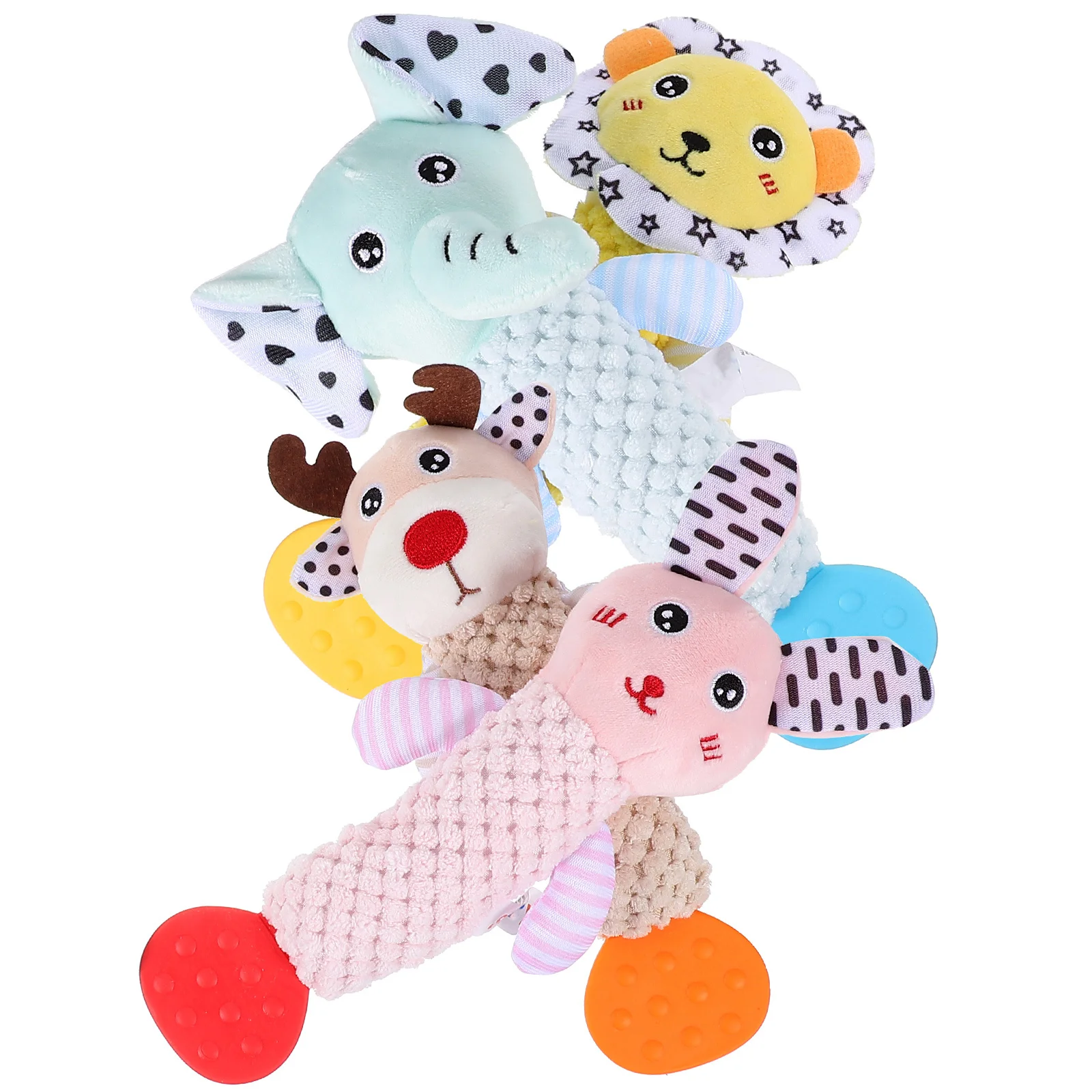 

4 pcs Animal Design Rattle Bell Appease Bright Color Lion Elephant Deer Rabbit Baby Grasping Sensory For Newborn Boys Girls